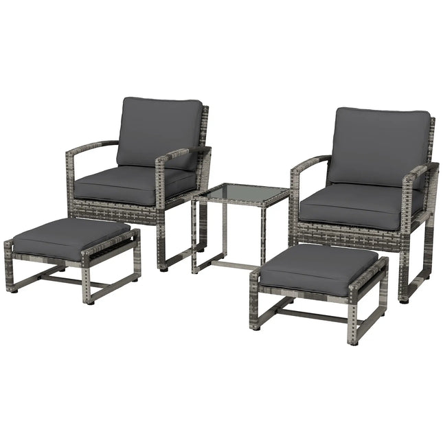 5-Piece Rattan Wicker Outdoor Patio Furniture Set with Armchair, Stool, Table and Cushions – Grey