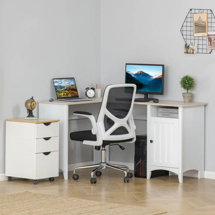 L-Shaped Office Desk with Cabinet and Shelf – Natural Wood and White