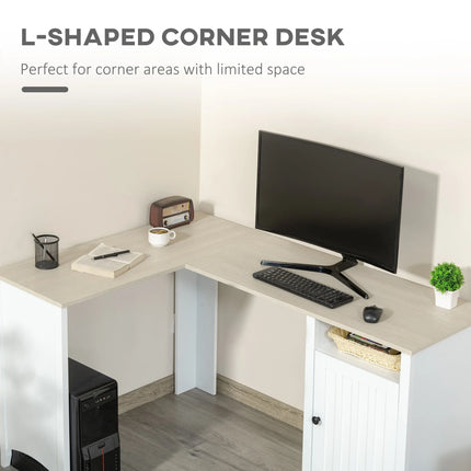 L-Shaped Office Desk with Cabinet and Shelf – Natural Wood and White