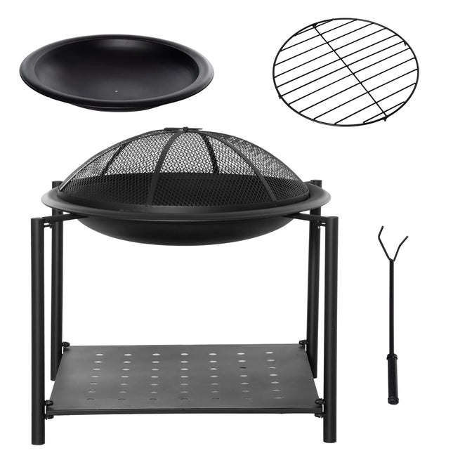 Outdoor Fire Pit with Metal Screen Cover and Storage Shelf
