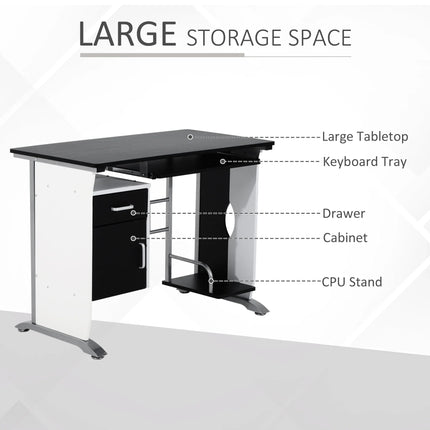 Office Desk with Keyboard Tray and CPU Stand – Black & White