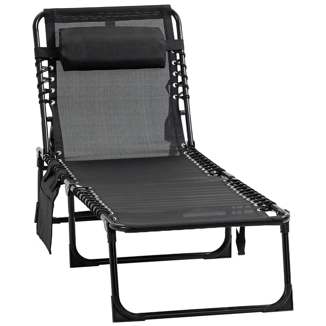 Outdoor Patio Folding Chaise Lounge Chair with Storage Pocket - Black