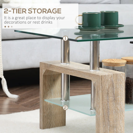 Rectangle Glass Coffee Table with Storage Shelf – Natural Wood