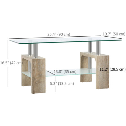 Rectangle Glass Coffee Table with Storage Shelf – Natural Wood