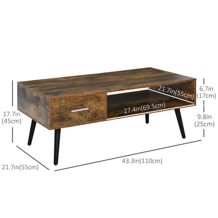 Retro Coffee Table with Storage Shelf and Drawer – Rustic Brown