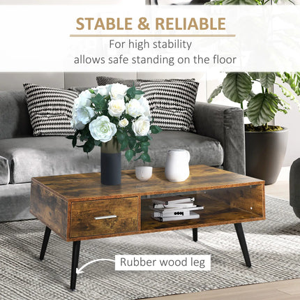 Retro Coffee Table with Storage Shelf and Drawer – Rustic Brown