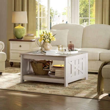 Square Farmhouse Coffee Table – Distressed Oak and Brown