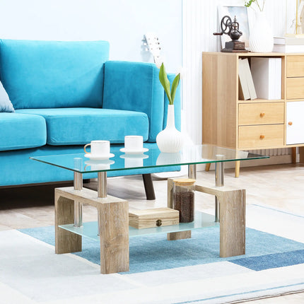 Rectangle Glass Coffee Table with Storage Shelf – Natural Wood