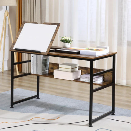 Adjustable Drafting Table with Folding Top and Storage – Rustic Brown