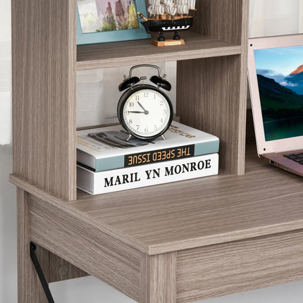 Modern Office Desk with Drawer and Hutch – Grey