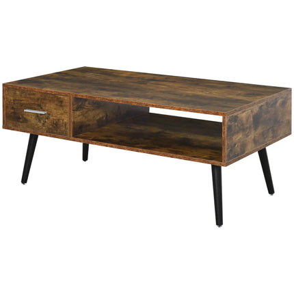 Retro Coffee Table with Storage Shelf and Drawer – Rustic Brown