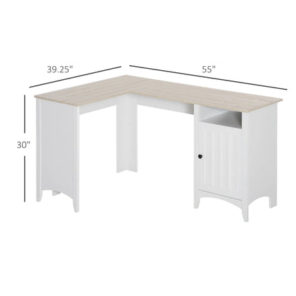 L-Shaped Office Desk with Cabinet and Shelf – Natural Wood and White