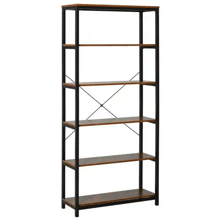 Industrial 6-Shelf Bookshelf - Wood Brown