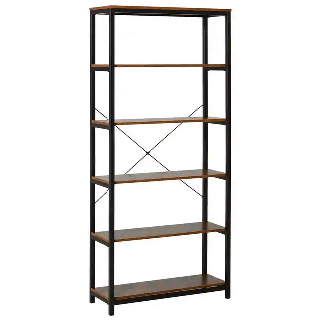 Industrial 6-Shelf Bookshelf - Wood Brown