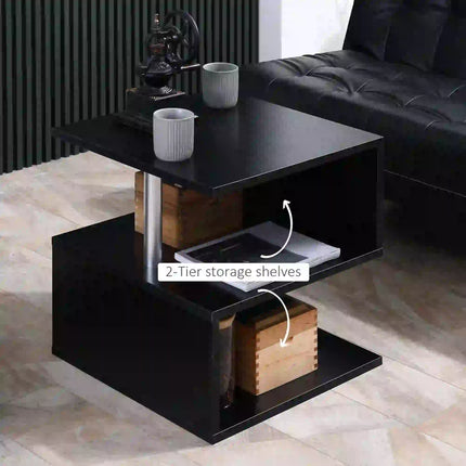 Wooden S Shape End Table with 3-Tier Storage – Black