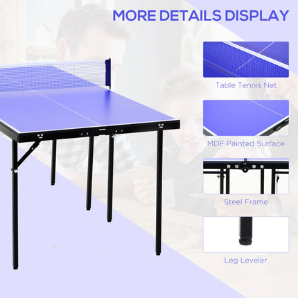 Foldable ping pong table with paddles and net set up indoors