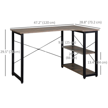 L-Shaped Office Desk with 2 Shelves – Brown