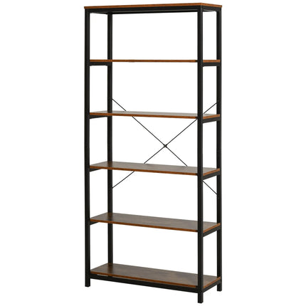 Industrial 6-Shelf Bookshelf - Wood Brown