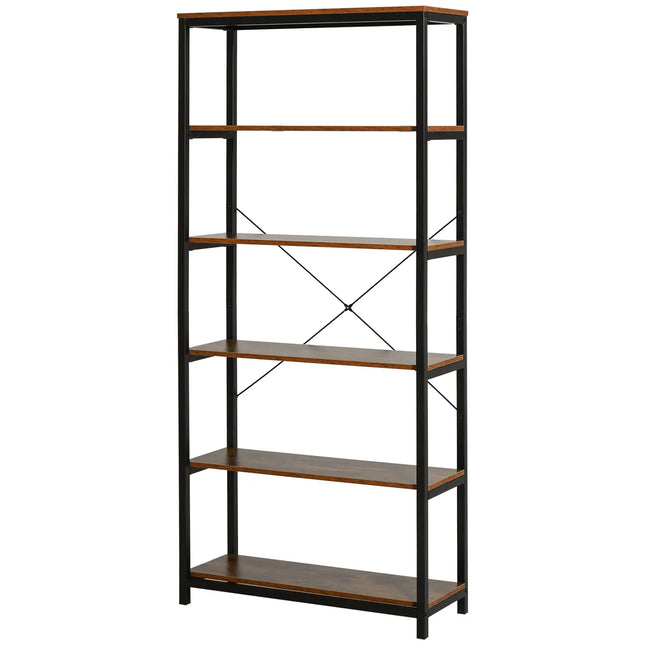 Industrial 6-Shelf Bookshelf - Wood Brown